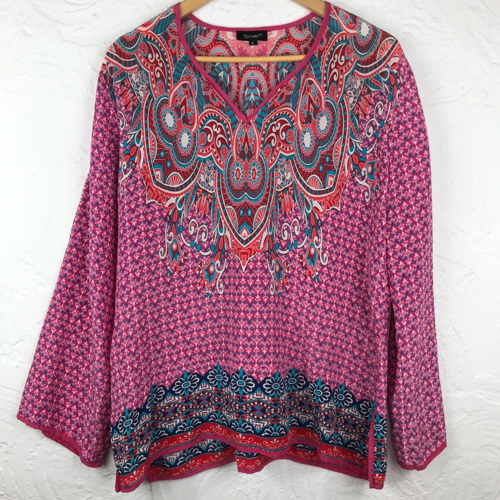 Tolani 100% Silk Pink and Teal Floral Boho Blouse